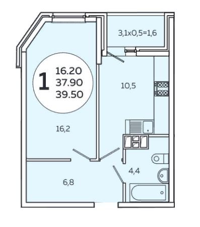7 этаж 1-комнатн. 39.5 кв.м.