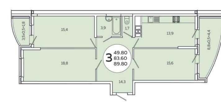 17 этаж 3-комнатн. 89.8 кв.м.