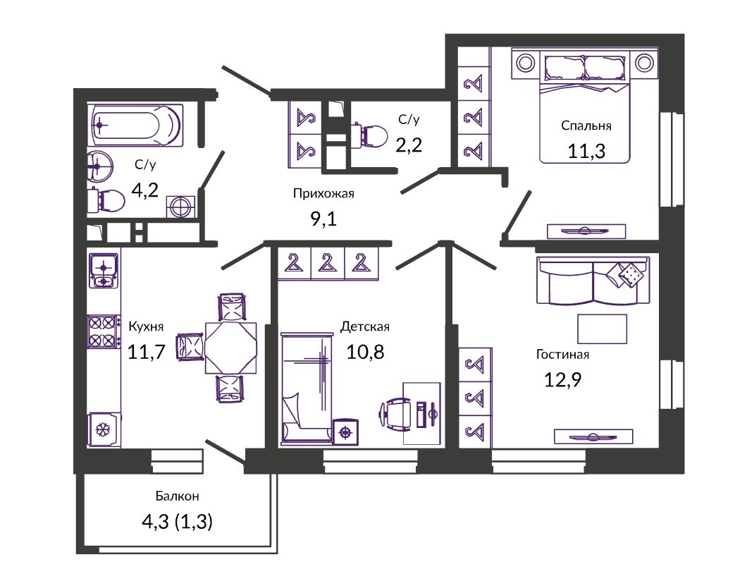 2 этаж 3-комнатн. 62.9 кв.м.